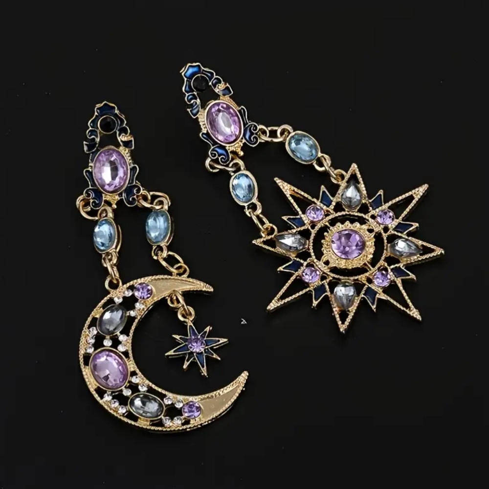 Long Dangle Asymmetrical Goldtone Crescent and Star Earrings